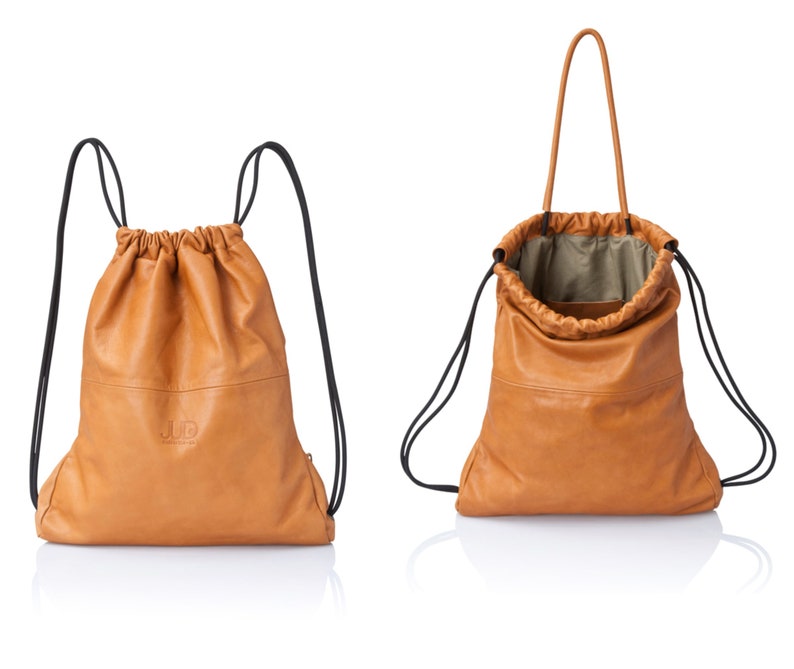 2-in-1 Convertible tan leather drawstring bag Handmade unisex travel leather backpack in soft camel brown Leather Camel