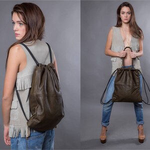 2-in-1 Convertible tan leather drawstring bag Handmade unisex travel leather backpack in soft camel brown Leather Olive Gray