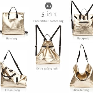 May include: A gold-colored leather bag with multiple straps and buckles. The bag can be worn as a handbag, backpack, shoulder bag, or crossbody bag. The text "5 in 1 Convertible Leather Bag" is displayed above the bag.