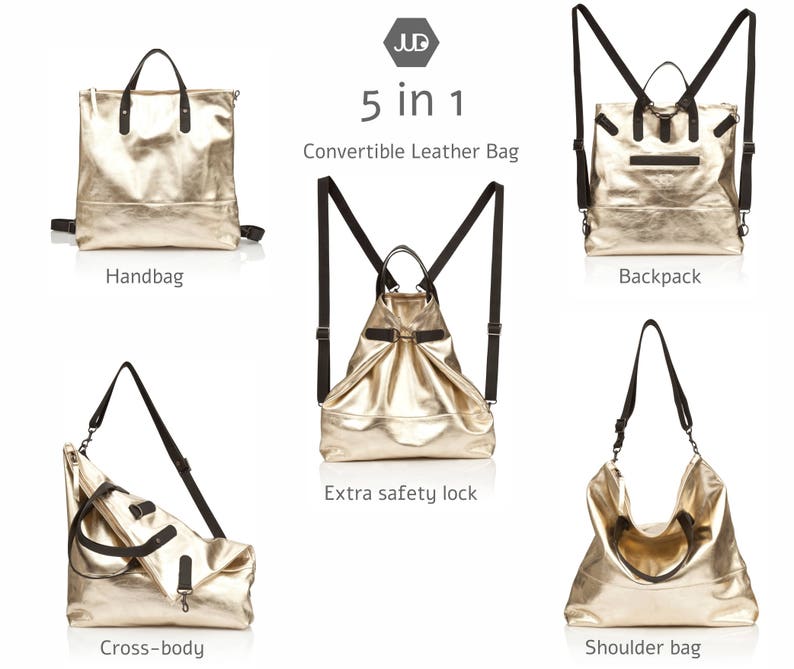 May include: A gold-colored leather bag with multiple straps and buckles. The bag can be worn as a handbag, backpack, shoulder bag, or crossbody bag. The text "5 in 1 Convertible Leather Bag" is displayed above the bag.