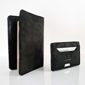 Porta pasaporte de cuero negro cubierta de pasaporte de cuero negro cartera de pasaporte de cuero hecha a mano + titular de la tarjeta de cuero conjunto de viajero regalos de cuero