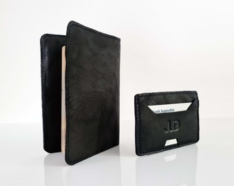 Black leather cards wallet and passport cover set, leather passport wallet gift for him or her front pocket wallet leather passport case