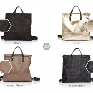 May include: Four different styles of leather backpacks. The backpacks are black, gold, walnut brown, and woven black. Each backpack has a top handle and adjustable straps.
