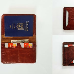 Conjunto de carteira de couro marrom conhaque e capa para passaporte, carteira de couro para passaporte, presente para ele, carteira de bolso frontal, estojo de couro para passaporte