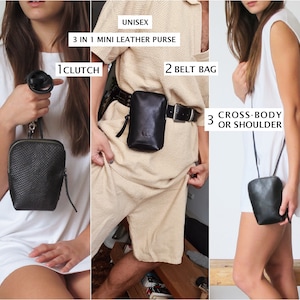 K&ouml;nnte beinhalten: Eine schwarze Lederhandtasche mit Rei&szlig;verschluss. Die Tasche kann als Clutch, G&uuml;rteltasche oder Umh&auml;ngetasche getragen werden. Das Bild zeigt drei verschiedene Trageweisen der Tasche.