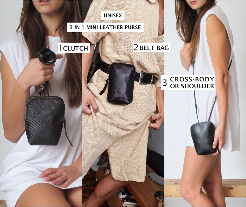 K&ouml;nnte beinhalten: Eine schwarze Lederhandtasche mit Rei&szlig;verschluss. Die Tasche kann als Clutch, G&uuml;rteltasche oder Umh&auml;ngetasche getragen werden. Das Bild zeigt drei verschiedene Trageweisen der Tasche.