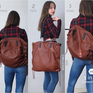 Large leather crossbody tote 3in1 convertible leather backpack women crossbody bag leather hobo bag convertible leather bag travel bag image 8