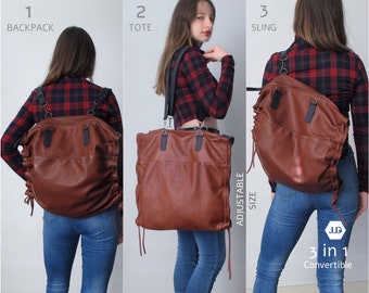 Convertible cognac brown leather backpack tote UNISEX crossbody leather bag women large Leather backpack bag Convertible rucksack tote women