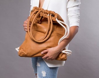 2-in-1 Camel brown soft leather drawstring backpack tote, UNISEX rucksack, leather backpack men/women  leather travel backpack
