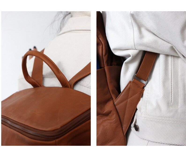 May include: A brown leather backpack with adjustable straps. The backpack has a zippered closure and a top handle.