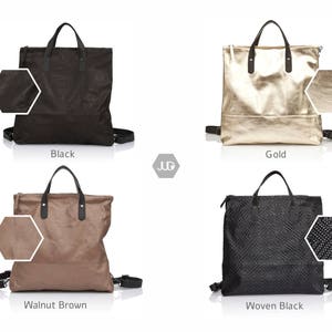 Puede incluir: Cuatro estilos diferentes de mochilas de cuero. Las mochilas son negras, doradas, marr&oacute;n nogal y negras tejidas. Cada mochila tiene una cremallera y correas ajustables.