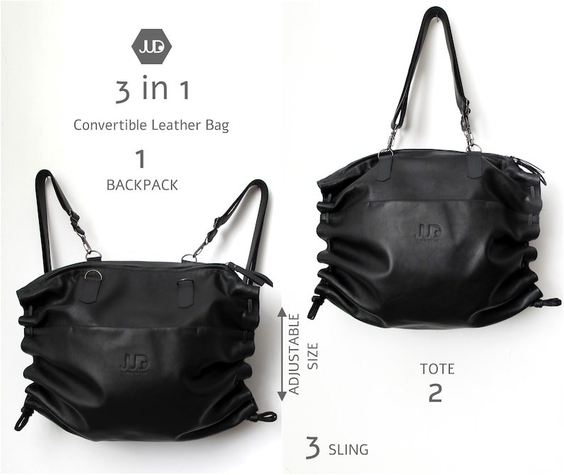 Black Leather Convertible Backpack Tote Laptop Backpack Etsy