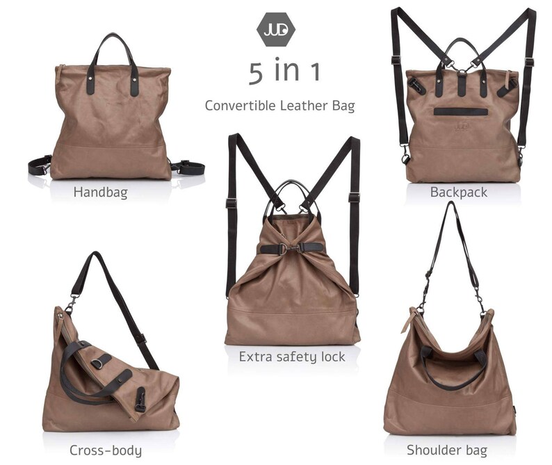 May include: A brown leather bag with multiple straps and buckles, showing five different ways to wear it: as a handbag, backpack, shoulder bag, cross-body bag, and with an extra safety lock.  The bag is labeled "5 in 1 Convertible Leather Bag".