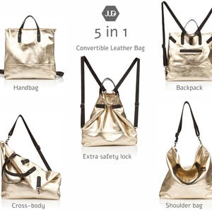 May include: A gold-colored leather bag with multiple straps and buckles. The bag can be worn as a handbag, backpack, shoulder bag, or crossbody bag. The text "5 in 1 Convertible Leather Bag" is displayed above the bag.