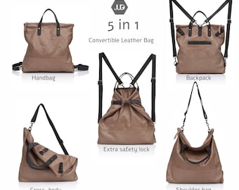5in1 Walnut brown convertible leather backpack tote laptop leather backpack women leather bag leather backpack purse  backpack tote