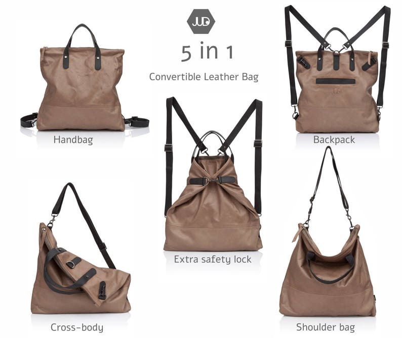 May include: A brown leather bag with a variety of straps and buckles, allowing it to be worn as a handbag, backpack, shoulder bag, or crossbody bag. The bag has a safety lock and the text "5 in 1 Convertible Leather Bag" is displayed above the bag.
