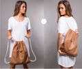 2-in-1 Convertible leather drawstring bag - handmade unisex travel leather backpack in soft camel brown product logo