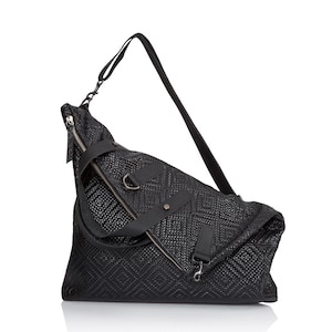 Bolso bandolera de cuero negro tejido / bolso bandolera convertible de cuero, bolso mochila unisex, mochila de mensajero de cuero para mujeres y hombres Woven Black