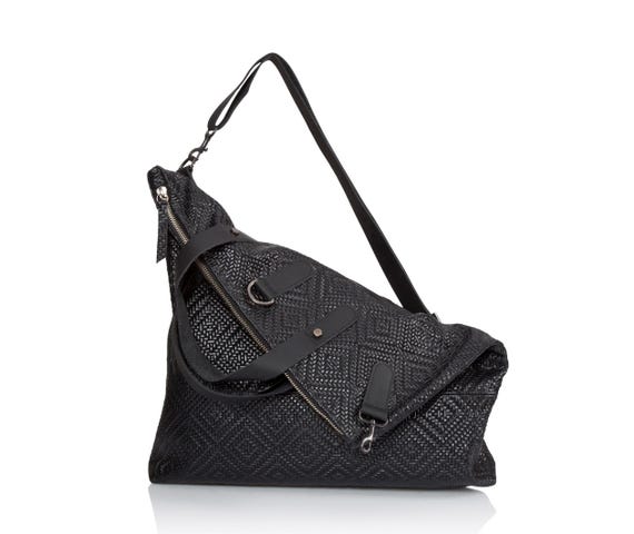 Woven black leather crossbody bag | convertible leather sling bag, unisex backpack purse, leather messenger rucksack for women & men