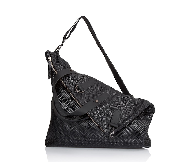 Bolso bandolera de cuero negro tejido / bolso bandolera convertible de cuero, bolso mochila unisex, mochila de mensajero de cuero para mujeres y hombres Woven Black