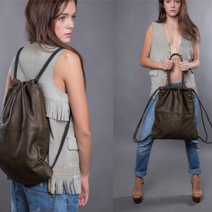 2-in-1 Gold leather backpack women, metallic leather tote bag UNISEX metallic gold leather drawstring bag, gold leather handbag. Olive Gray