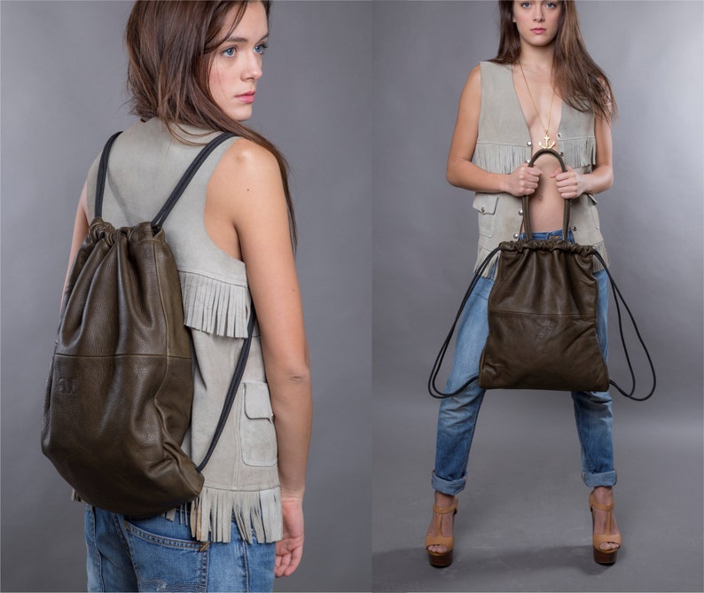 2-in-1 Gold leather backpack women, metallic leather tote bag UNISEX metallic gold leather drawstring bag, gold leather handbag. Olive Gray