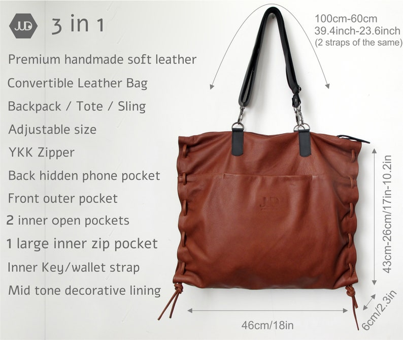 Large leather crossbody tote 3in1 convertible leather backpack women crossbody bag leather hobo bag convertible leather bag travel bag image 6