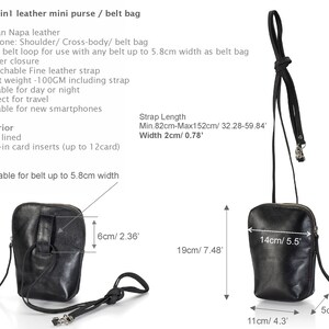 May include: Black leather mini purse with a zipper closure and a detachable strap. The purse can be worn as a shoulder bag, crossbody bag, or belt bag. It measures 5.5 inches tall and 4.3 inches wide. The strap is adjustable and measures 32.28 to 59.84 inches long.