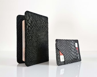 Black python leather cards wallet and passport cover set leather passport wallet gift for him front pocket wallet leather passport case