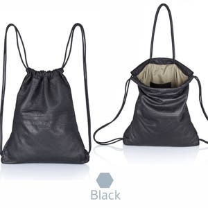 2-in-1 Convertible leather drawstring bag - Handmade unisex travel leather backpack in Soft Black Leather