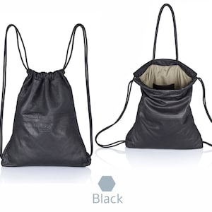 2-in-1 Convertible leather drawstring bag - Handmade unisex travel leather backpack in Soft Black Leather