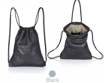 2-in-1 Convertible leather drawstring bag - Handmade unisex travel leather backpack in Soft Black Leather