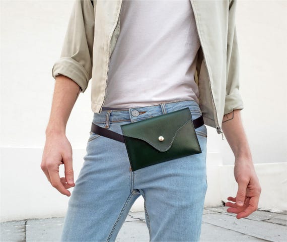 Green Leather Envelope Waist Purse, Green Leather Belt Bag  display picture 1