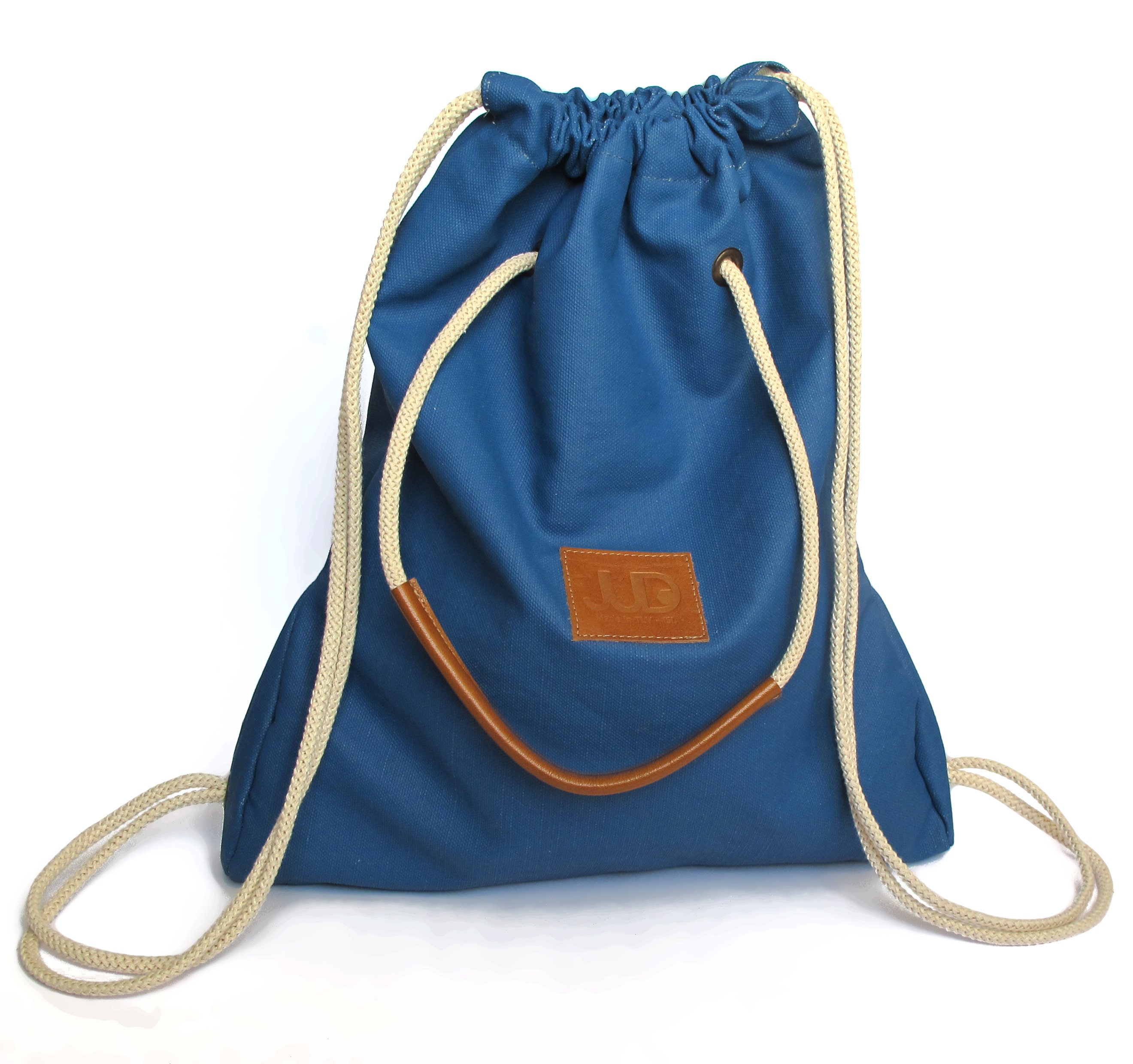 Canvas Drawstring Backpack in Navy-Denim and Cream Denim Drawstring Backpack, Gym Bag With Sneakers Decoration  main image 4