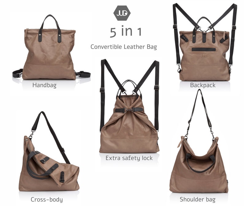 May include: A brown leather bag with black straps and hardware. The bag can be worn as a handbag, backpack, shoulder bag, or crossbody bag. The bag has a safety lock and the text "5 in 1 Convertible Leather Bag" is printed on the image.