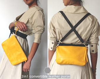 Bolso de cinturón con cremallera de cuero amarillo 3 en 1- riñonera de cuero grande- bolso de cuero suave bolso de cuero bandolera- bolso de cuero amarillo