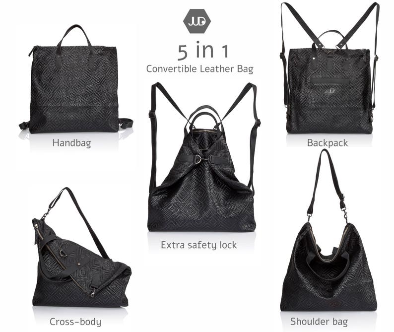 Op de afbeelding: Een zwarte leren convertible tas met een geometrisch patroon. De tas kan worden gedragen als een handtas, rugzak, schoudertas of crossbody tas. Het heeft een veiligheidsvergrendeling en de merknaam "JUD" is op de tas gedrukt.