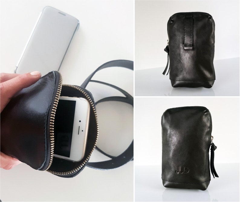 K&ouml;nnte beinhalten: Schwarze Leder-Handytasche mit Rei&szlig;verschluss und Trageriemen. Die Tasche ist mit einem Smartphone darin abgebildet.