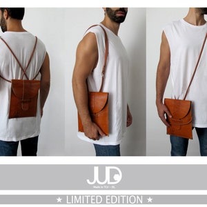 May include: A brown leather crossbody bag with a flap closure and a strap that can be worn as a backpack. The bag is made in Israel and is a limited edition.