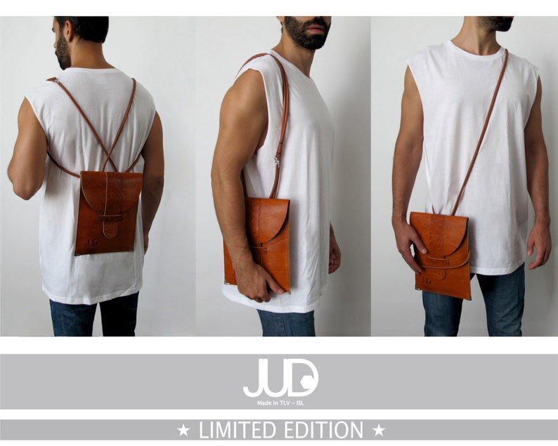 May include: A brown leather crossbody bag with a flap closure and a strap that can be worn as a backpack. The bag is made in Israel and is a limited edition.