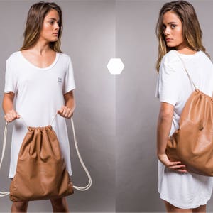 2-in-1 Convertible tan leather drawstring bag Handmade unisex travel leather backpack in soft camel brown Leather image 4