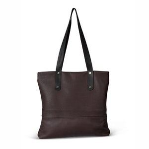 May include: A brown leather tote bag with black leather handles and silver hardware.