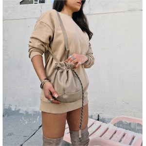 3in1 Beige Leder Beuteltasche Frauen weiches Leder Umhängetasche Damen Hobo Tasche weiches Leder Kordelzug Sling Tasche khaki Leder Gürteltasche