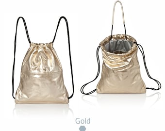 2-in-1 Gold leather bag convertible backpack women, gold drawstring backpack women metallic gold leather tote bag, gold leather handbag