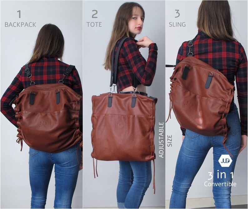 Black Leather Convertible Backpack Tote Laptop Backpack Etsy