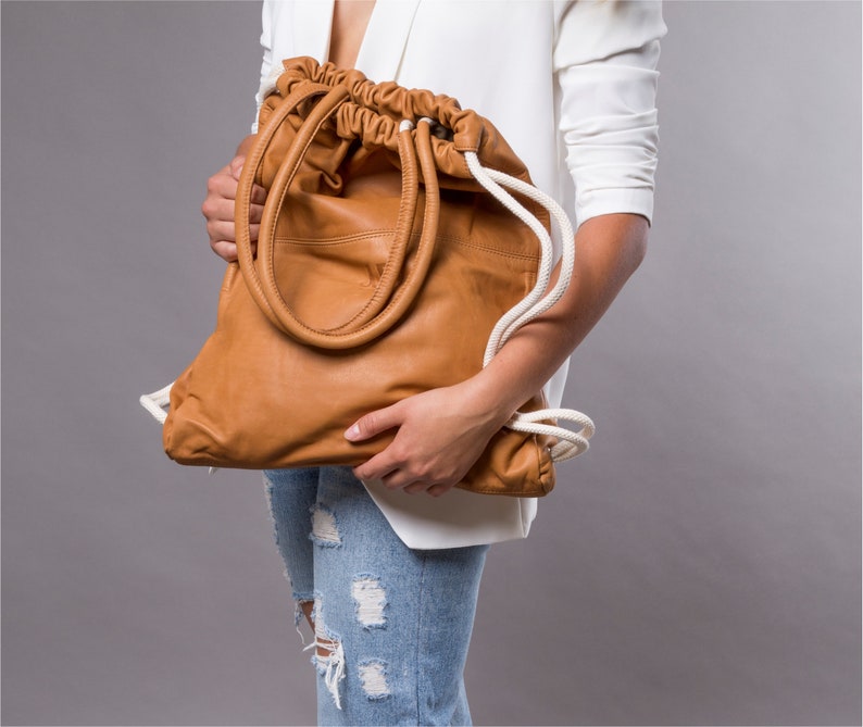 2-in-1 Gold leather backpack women, metallic leather tote bag UNISEX metallic gold leather drawstring bag, gold leather handbag. image 5