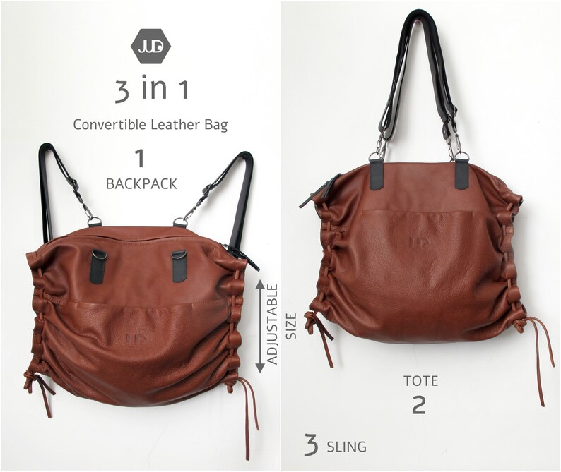 May include: A brown leather bag with adjustable straps that can be worn as a backpack, tote, or sling. The bag has a JUD logo on the front and is made of high-quality leather.
