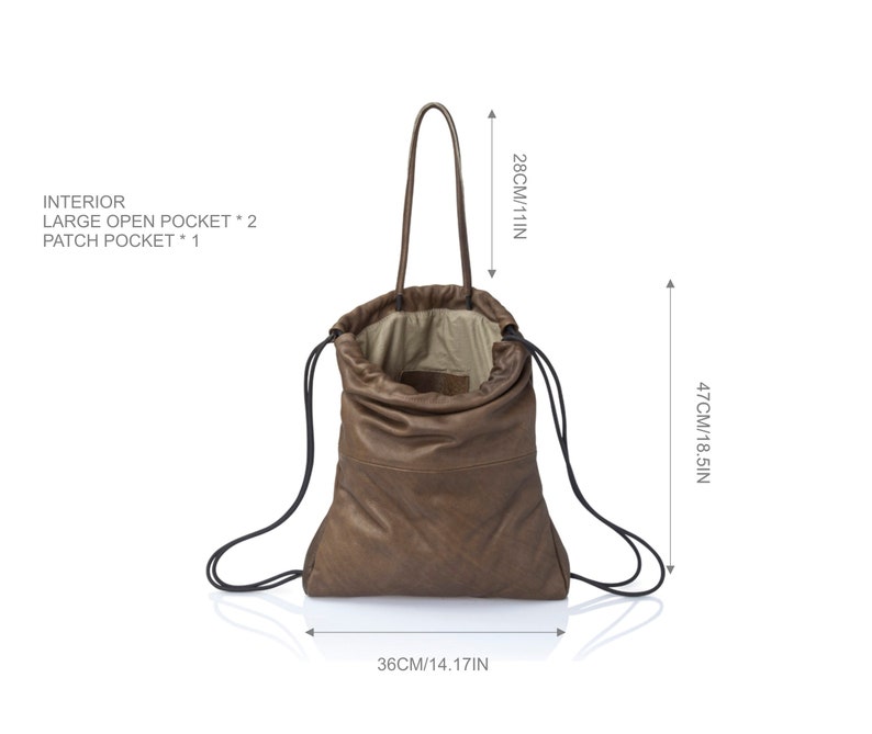 2-in-1 Convertible tan leather drawstring bag Handmade unisex travel leather backpack in soft camel brown Leather image 9