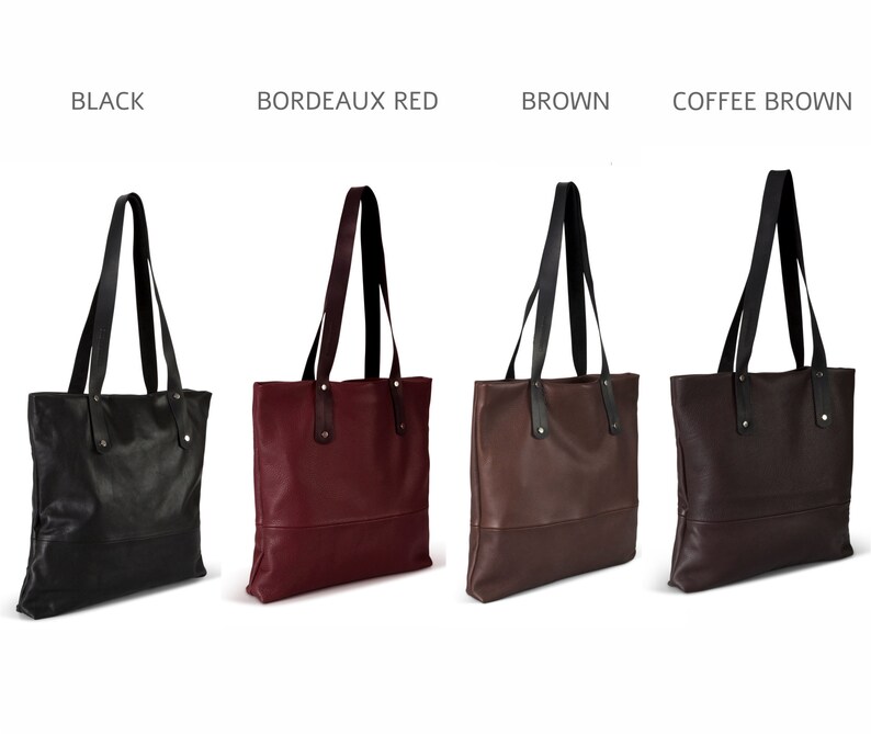 May include: Four leather tote bags in different colors: black, burgundy, brown, and dark brown. Each bag has a black handle and a zipper closure.