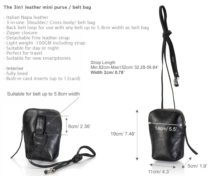 K&ouml;nnte beinhalten: Schwarze Leder-Minitasche mit Rei&szlig;verschluss und abnehmbarem Riemen. Die Tasche ist 14 cm hoch und 11 cm breit. Sie kann als Schultertasche, Umh&auml;ngetasche oder G&uuml;rteltasche getragen werden. Der Riemen ist verstellbar und 82 cm bis 152 cm lang. Die Tasche hat ein integriertes Kartenfach f&uuml;r bis zu 12 Karten.